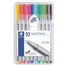 the set of 10 pens is in a plastic case with different colors and sizes on it