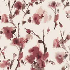 watercolor painting of pink flowers on a white background with red and gray colors in the middle