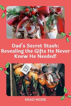 a christmas card with the words, dad's secret stash revealing the gifts he never knew he needed