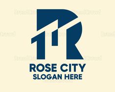 the logo for rose city is blue and has an arrow in it's center