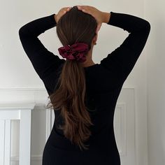 Protect your gorgeous locks: Our pure silk handmade scrunchies prevent frizz, kinks, and breakage, making them ideal for everyday use.  The benefits of 18 momme Mulberry Silk: Silk's natural soft fibers minimize friction, reducing split ends and frizziness. The high density of silk retains your hair's natural oils and treatments, making it perfect for sleek buns and wash days.  Grade 6A silk quality: SYLKI use the highest quality and eco-friendly Grade 6A silk, ensuring a long-lasting scrunchie that withstands daily wear.  Thoughtful design: SYLKI's scrunchies are made with attention to detail, from the elastic inside to the sewing process. They are built to last. Hand wash only. Made from 18 momme mulberry silk. Silk Scrunchies, Silk Scrunchies Aesthetic, Silky Scrunchies, Mulberry Silk Pillowcase, Black Silk Scrunchie, Black Satin Scrunchie, Natural Hair Oils, Sleek Bun, Red Maxi