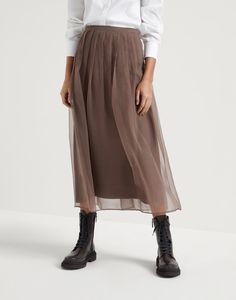 Crispy silk pleated midi skirt with shiny waistband Silk Midi Skirt, Brown Silk, Pleated Maxi, Boutique Online, Pleated Midi Skirt, Fine Fabric, Shirt Skirt, Event Dresses, Elegant Outfit