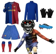 a soccer kit with gloves, socks and an animal mask