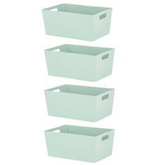 three light green storage bins with handles on each side and one in the middle