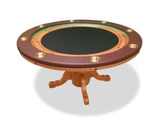 a wooden table topped with a black and green poker chip on top of it's legs