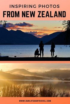 two people and their dog are silhouetted against the sunset over water with mountains in the background