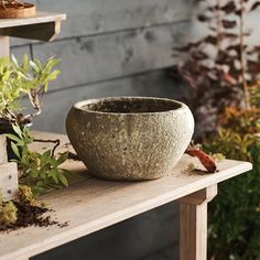 a stone bowl sitting on top of a wooden table next to potted planters