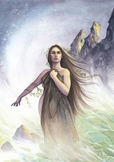 a painting of a woman with long hair standing in the water and holding her arms out