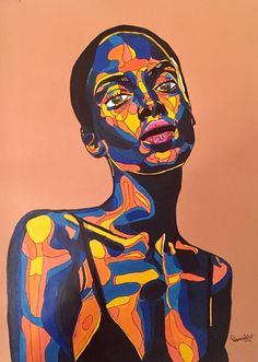 a painting of a woman's face and body painted in blue, orange, yellow and pink