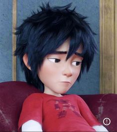 an animated character with black hair sitting on a red chair and looking at the camera