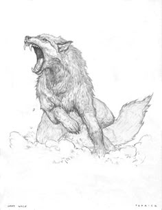 a drawing of a wolf sitting on top of a rock with its mouth wide open