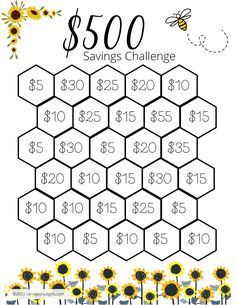 the $ 500 savings challenge is shown with sunflowers, bees and honeycombs