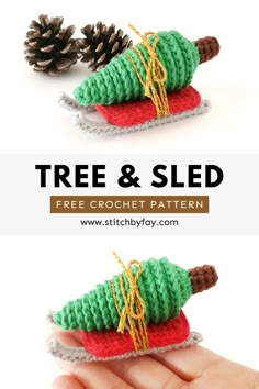 two small crocheted christmas trees with pine cones on top and the words tree & sl