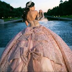 Gitter Pink Bow Quinceanera Dress Princess Sweet 15 Years Girl Birthday Party Dress Off The Shoulder Rose Gold Quince Dress, Gold Quince Dress, Rose Gold Quinceanera Dresses, Rose Gold Quince, Rose Gold Quinceanera, Xv Dresses, Quinceanera Dresses Gold, Quinceanera Pink, Quinceanera Themes Dresses