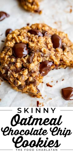 an oatmeal chocolate chip cookie is cut in half with the words skinnyy on it