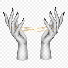 two hands with black nails and gold string