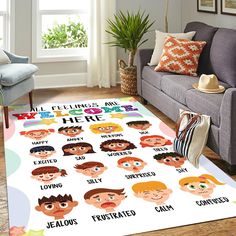 the rug is decorated with many different people's faces and names on it,