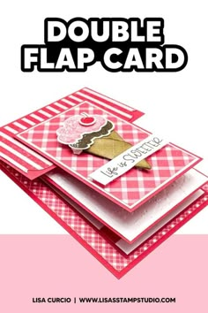 two cards with the words double flap card on them, and an image of a pink gingham background