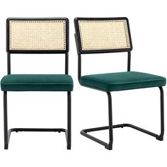 two green chairs with black frame and wicker backrests, one in the shape of a chair