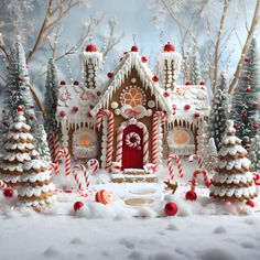 a christmas scene with gingerbread houses and candy canes on the snow covered ground