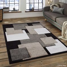 a living room with a couch and rugs on the wooden floor, in front of two windows