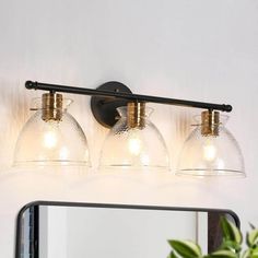 three light bathroom vanity fixture with clear glass shades and brass fittings on the sides