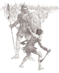 a drawing of two men with spears and shields