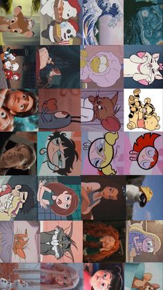 many cartoon characters are grouped together in this collage