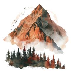 a watercolor painting of a mountain with trees and birds flying over it in the background