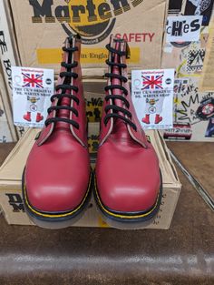 These are a very old , authentic, original,unworn, Made in England Dr Martens steel toe boot. They date back to the late 1980s.  They are finished in a heavy Cherry coloured Haircell leather. They are a safety rated steel toe boot with trademark cushioned sole and the rarer yellow chain stitching round the welt. They are a UK size 12, European 47, USA mens 13. Shoes Boots Combat, Mens Shoes Boots, Work Boots, Dr. Martens, Combat Boots, Shoes Mens, Men's Shoes, Shoe Boots, Size 12