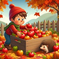 a little boy is picking apples out of a box with an hedgehog in the background