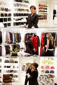 two women standing in front of a rack of clothes and shoes, talking to each other