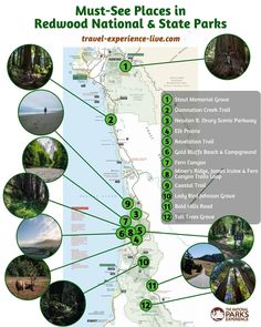 the redwood national and state parks map is shown with many different places to see it