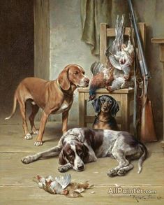 a painting of two dogs and three birds in a room with one dog laying on the floor