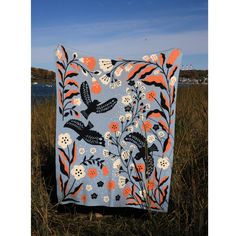 a blue and orange quilt sitting on top of a grass covered field next to water