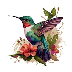 a colorful hummingbird sitting on top of flowers