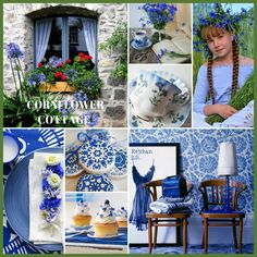 a collage of blue and white pictures with flowers in the window boxes, plates, vases, cups, and other items