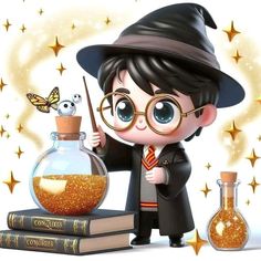 a cartoon harry potter holding a wand in front of some books and a glass bottle