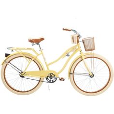 a yellow bicycle with a basket on the front and back wheel, is shown against a white background