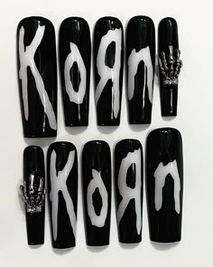 Korn Acrylic Nails, Godsmack Nails, Korn Nail Ideas, Korn Band Nails, Korn Nail Art, Mcr Nails Acrylic, Band Nails Rock, Korn Nail, Weezer Nails