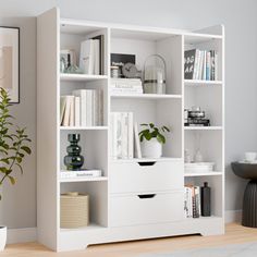 a white bookcase with many books on top of it in a living room next to a potted plant