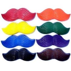 six moustaches in different colors on a white background