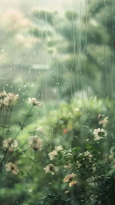 the view from behind a window with raindrops on it and flowers in the foreground