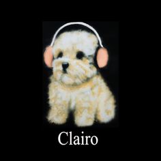 a white dog with headphones on its ears and the word ciaro written below it