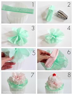 instructions for how to make a cupcake with tissue paper flowers and ribbon on top