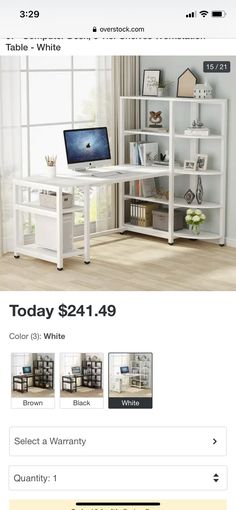 a computer desk with shelves on the side and an image of a laptop sitting on top