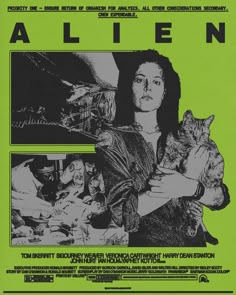 an advertisement for the movie alien featuring a woman holding a cat