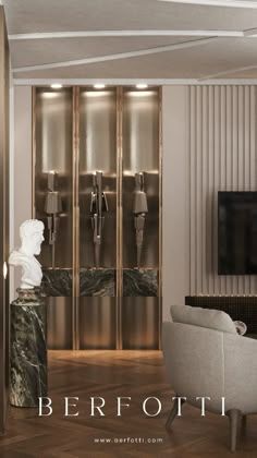 the interior of a modern hotel lobby with marble and brass accents, including an elevator