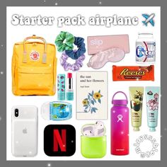 various items are arranged in the shape of a collage with text that reads, starter pack airplane