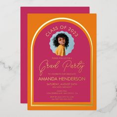 a pink and orange graduation party card with an image of a woman's face